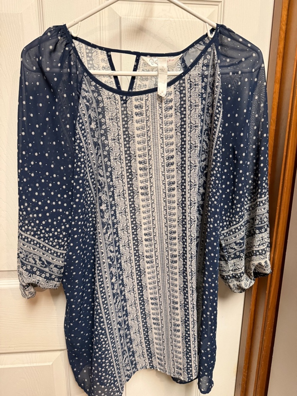 krazy kat Navy and White Printed Peasant Tunic Top